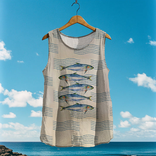 Women's Loose Sea Fish Linen Sleeveless Tank Top artswardrobe