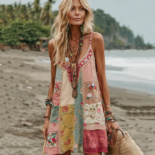 Women's Vintage Rose Floral Art Patchwork Comfy Midi Dress artswardrobe