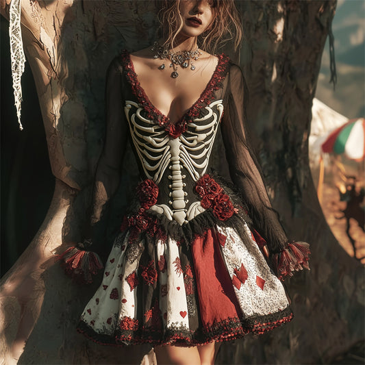 Comstylish Halloween Rib Cage Poker Colorblock Bloody Roses Mini Dress