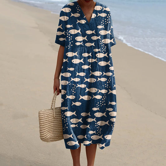 Comstylish Women's Fish Art Print Casual V Neck Midi Dress
