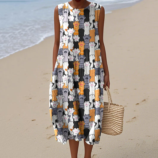 Women's Cat Paw Print Crew Neck Tank Midi Dress artswardrobe