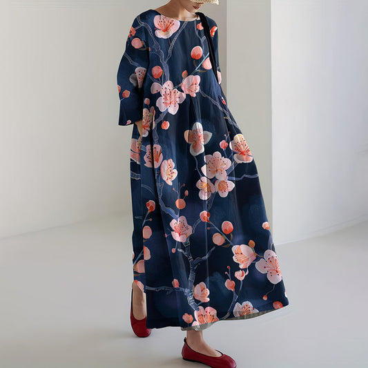 Comstylish Japanese Art Flower Print Long Sleeve Casual Midi Dress