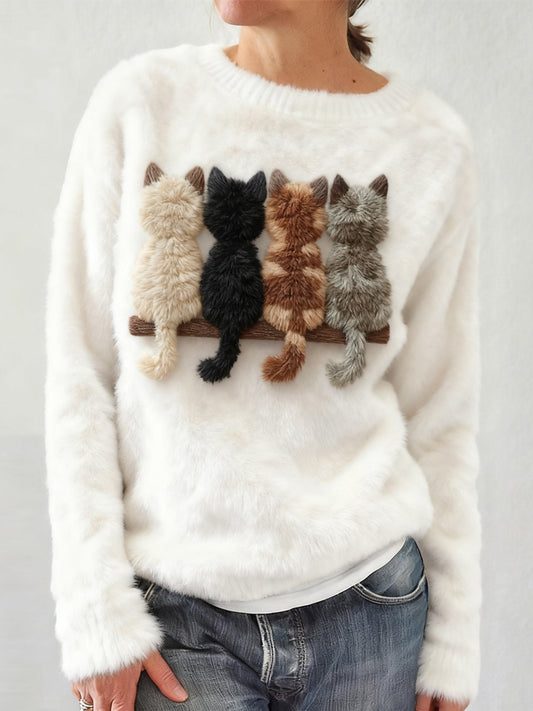 Comstylish Cute Cats Embroidered Round Neck Cozy Plush Sweatshirt
