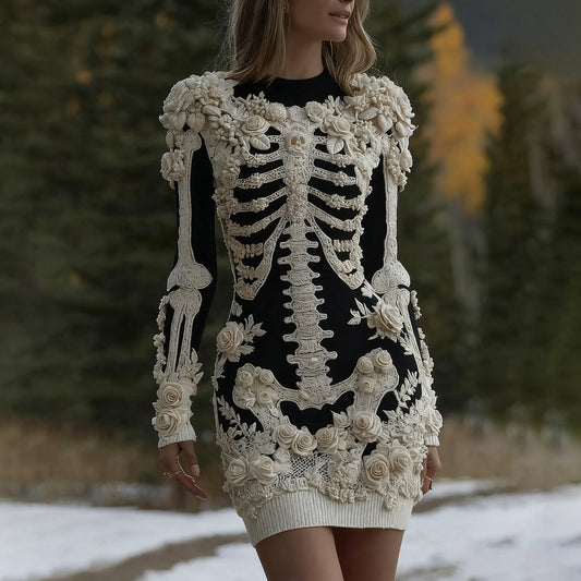 Women's Halloween Skeleton Bones With Rose Art Cozy Knit Mini Sweater Dress artswardrobe
