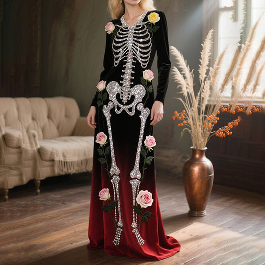 Comstylish Vintage Halloween Skeleton Bones With Roses Flowy Velvet V Neck Maxi Dress