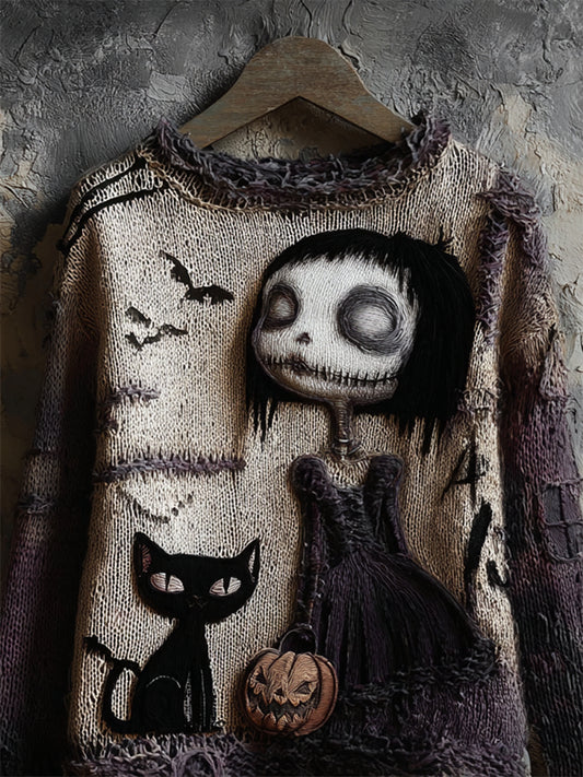 Comstylish Halloween Gothic Girl & Black Cat Knit Art Cozy Sweater