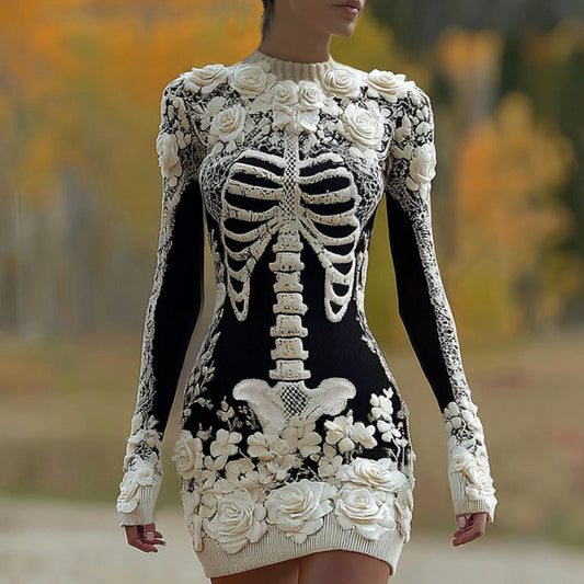 Women's Halloween Skull Anatomy Rose Art Round Neck Knit Dress artswardrobe