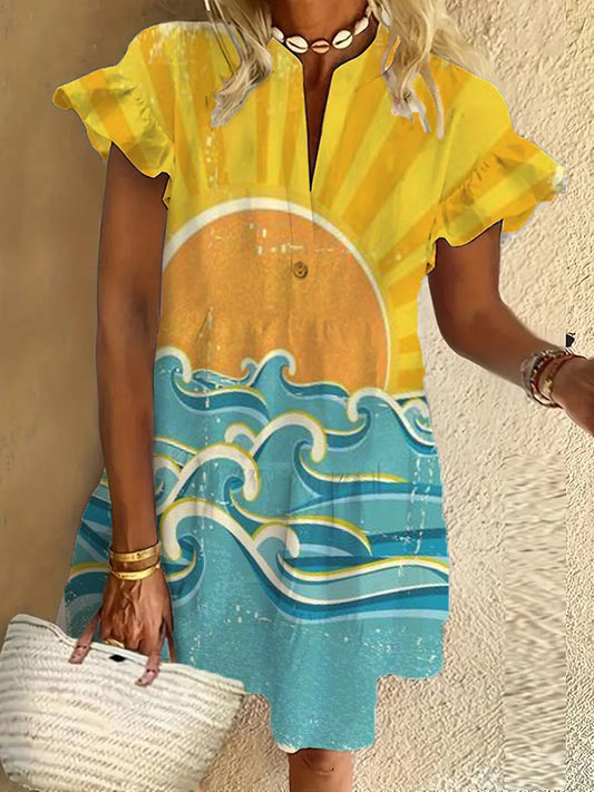 Sun ocean ruffle short-sleeved V-neck button dress holiday beach dress