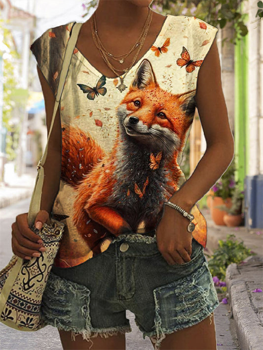 Fall Fox with Butterflies Art V Neck Tank Top artswardrobe