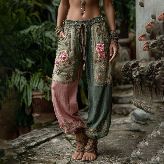 Vintage Retro Rose And Floral Patchwork Art Linen Pants artswardrobe