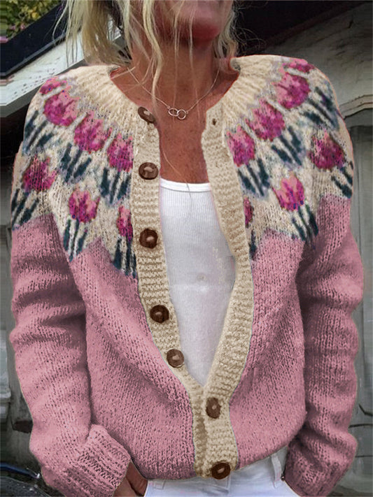 Pink Tulips Yoke Pattern Cozy Knit Isle Cardigan elevenforest