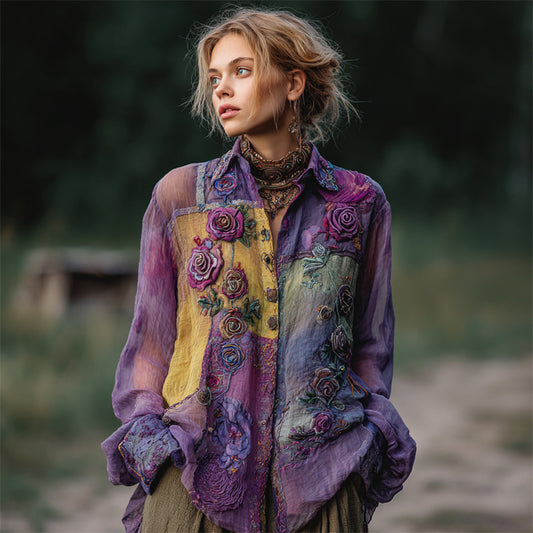 Comstylish Vintage Roses Embroidered Colorblock Stitched Flowy Linen Blouse
