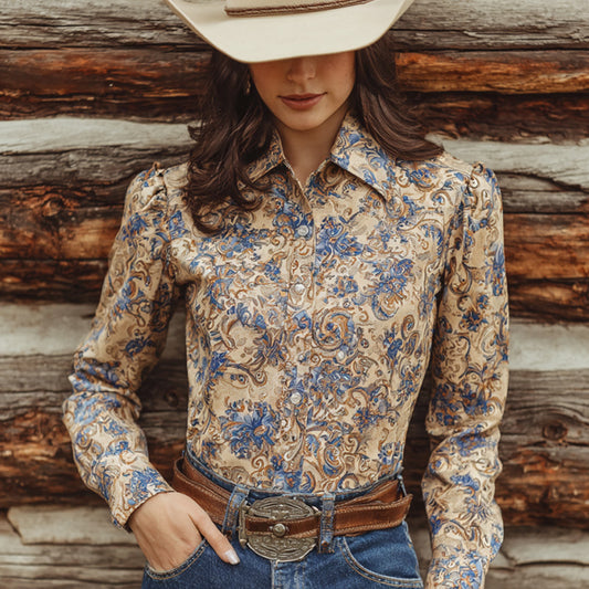Women's Vintage Western Floral Design Cotton And Linen Blend Shirt artswardrobe
