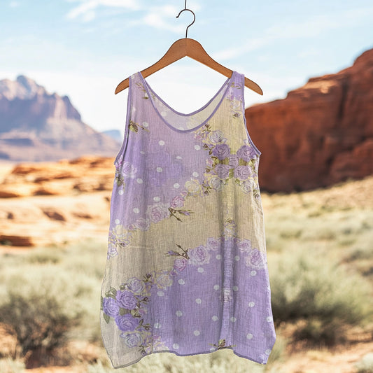 Comstylish Women's Boho Purple Rose Polka Dot Art Linen Tank Top