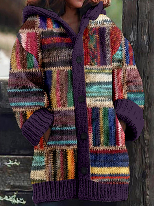Vintage Square Geometric Striped Cozy Hooded Cardigan elevenforest