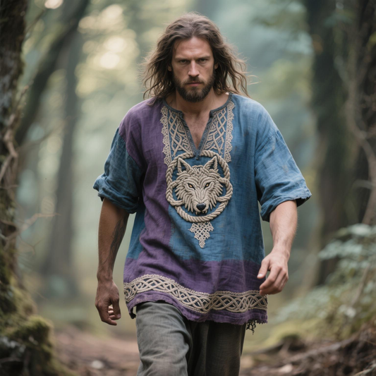 Men's Vintage Viking Celtic Wolf Embroidered Contrast V-neck Linen Blend Shirt artswardrobe