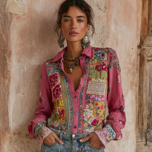 Women's Vintage Bohemian Floral Embroidery Patchwork Art Shirt artswardrobe