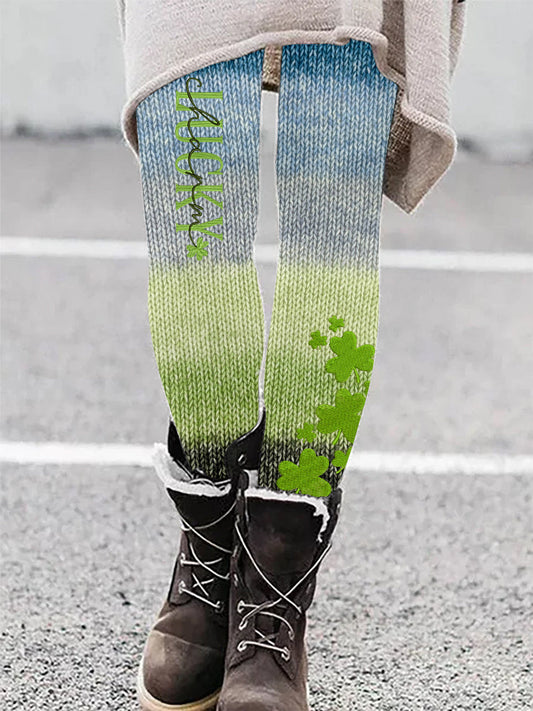 Lucky Clover Embroidered Gradient Knit Cozy Leggings artswardrobe