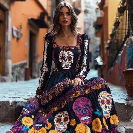 Comstylish Mexican Skull Floral Embroidered Women's Long-sleeved Flowing Maxi Dress