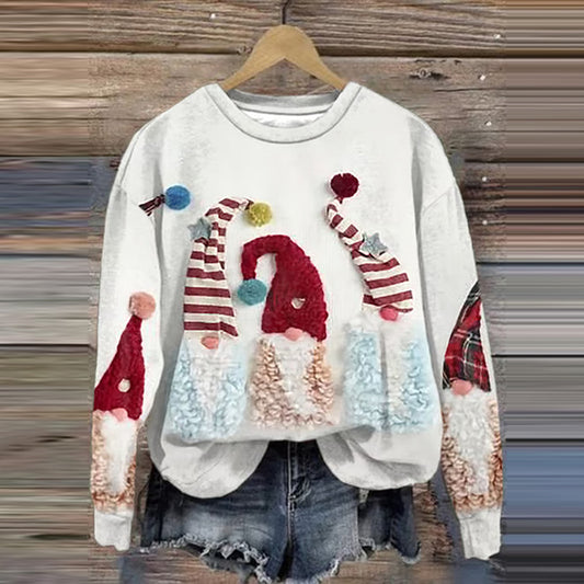 Comstylish Women's Christmas Gnome Print Round Neck Sweatshirt