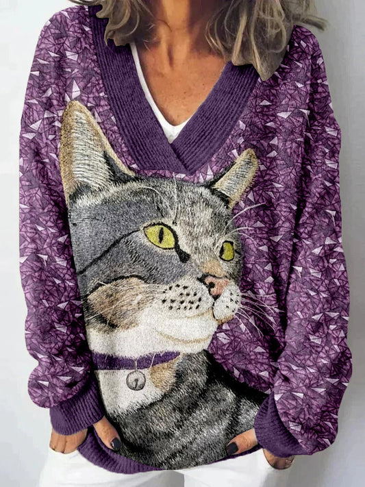 Lovely Cat Embroidered V Neck Cozy Knit Sweater elevenforest