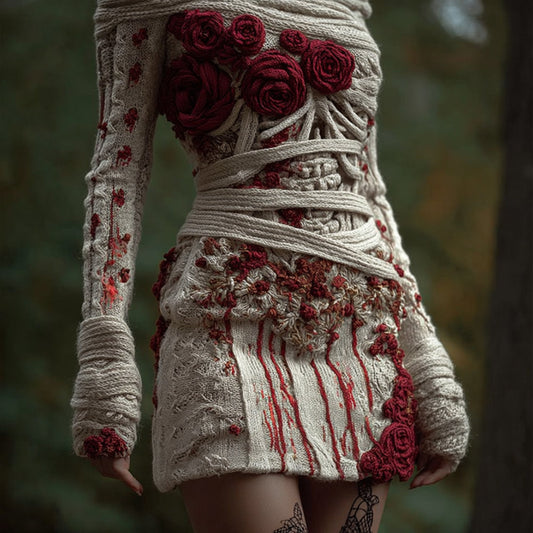 Women's Halloween Skeleton Rose Art Mini Round Neck Dress artswardrobe