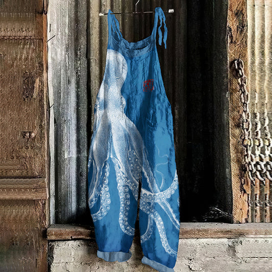 Comstylish Vintage Octopus Japanese Art Print Loose Jumpsuit