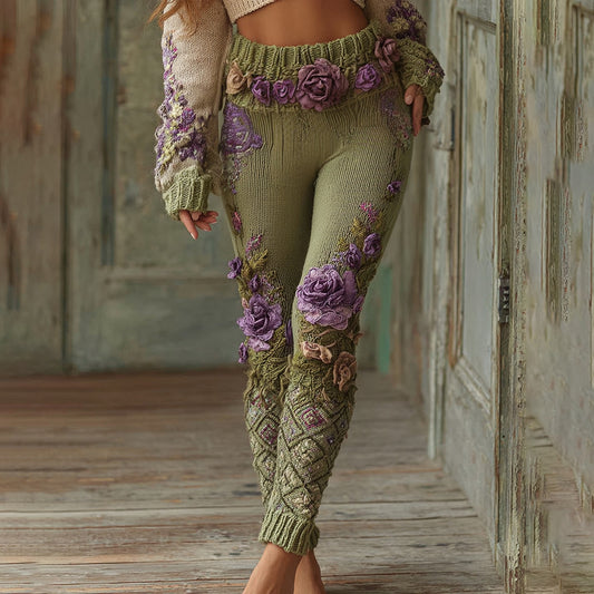 Comstylish Lassy Gradient Purple Lavender And Floral Art Cozy Knit Leggings