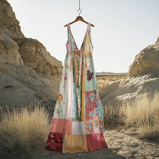 Women's Vintage Bohemian Floral Patchwork Cotton And Linen Dress artswardrobe
