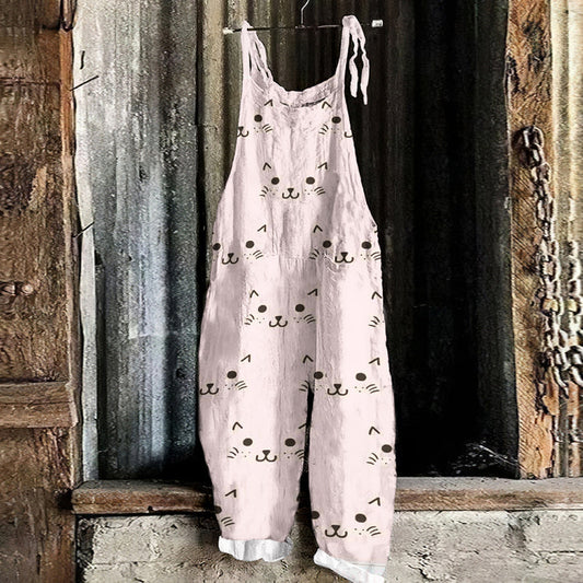 Vintage Pink Cute Cat Printed Casual Loose Jumpsuit elevenforest