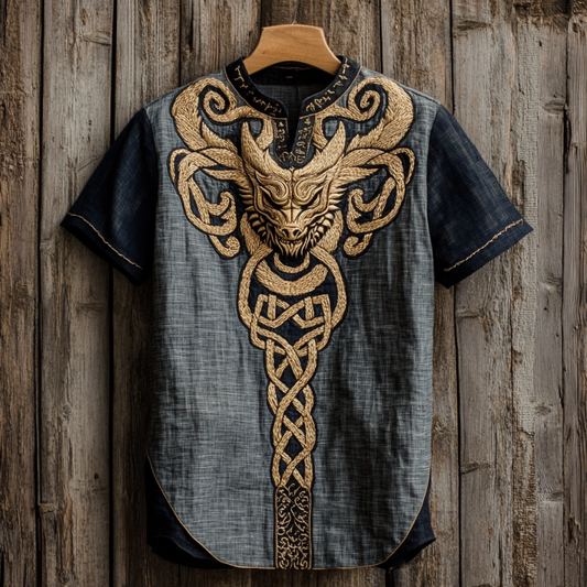 Men's  Viking Tribal Dragon With Celtic Knotwork Embroidery Art  Linen Round Neck T-shirt artswardrobe