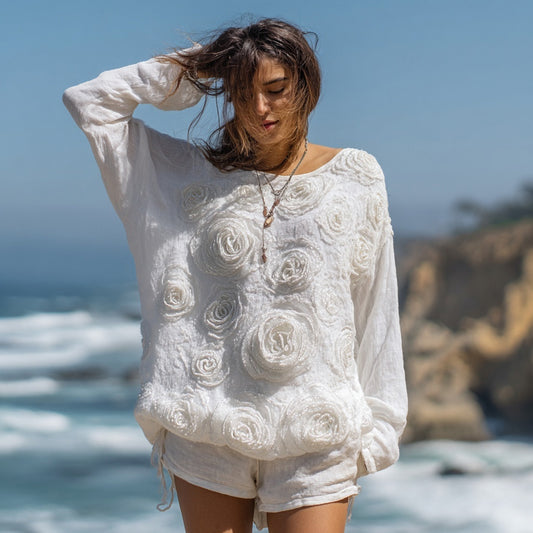 Comstylish Boho White Roses Embroidered Long Sleeve Linen Tunic