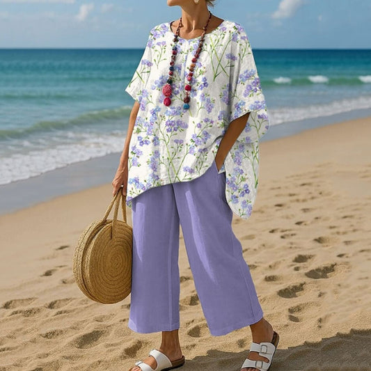 Women's Flower Print T-shirt And Pants Two Piece Set artswardrobe
