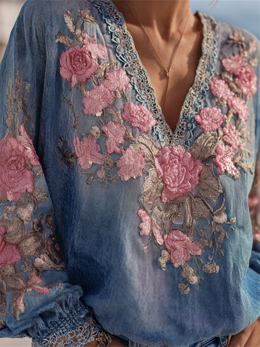 Comstylish Boho Pink Roses Embroidered Denim Blue Tunic
