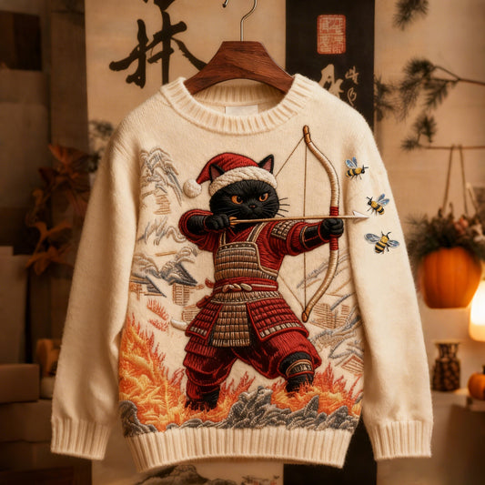 Men's Vintage Funny Christmas Black Cat Samurai Shooting Bee Art Jacquard Knit Sweater elevenforest