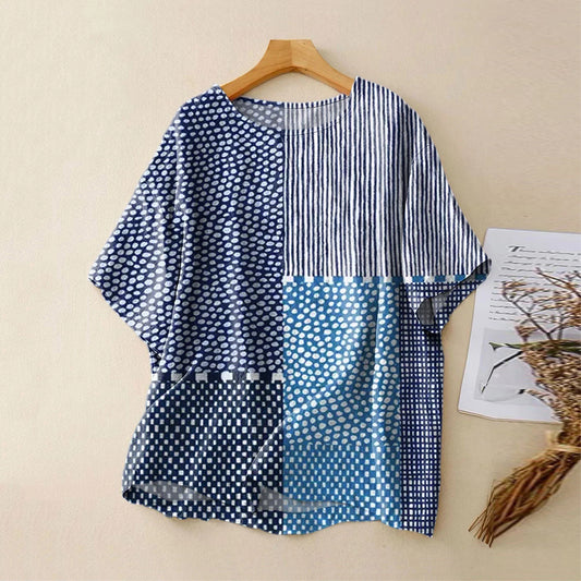 Women's Retro Abstract Polka Dot Texture Art Print Casual Linen T-shirt artswardrobe