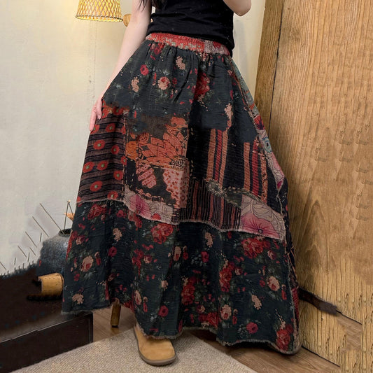 Women's Vintage Floral Patchwork Art Pattern Cotton Skirt artswardrobe