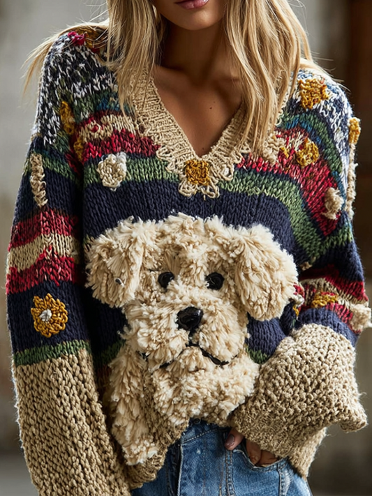 Women's Colorful Striped Plush Dog Pattern Embroidered V-neck Knit Sweater artswardrobe