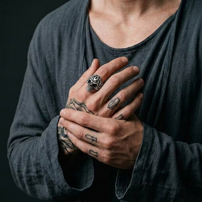 Tribal Flame Skull Statement Ring