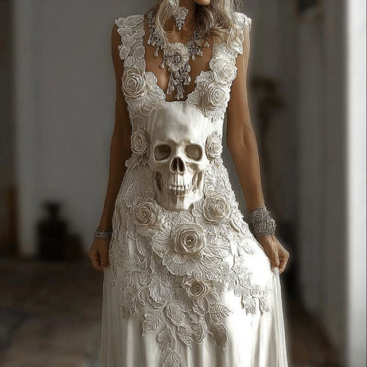 Comstylish Women's Halloween Skeleton Flower Embroidered Lace Sleeveless Long Dress