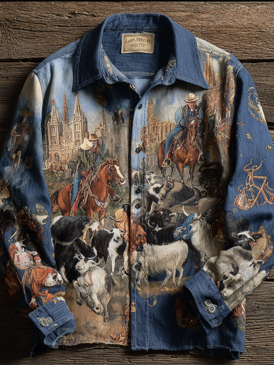 Western Cowboy Style Animal Elements Retro Cotton And Linen Men's Shirt artswardrobe