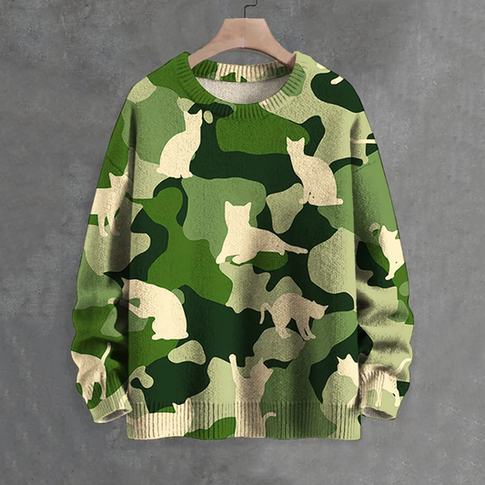 Men's Cats Camouflage Art Print Knit Crew Neck Sweater elevenforest