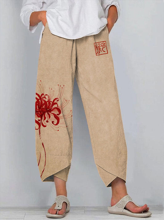 Comstylish Japanese Art Floral Print Linen Blend Pants