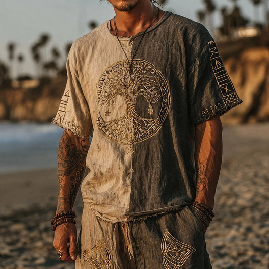 Men's Retro Tree Of Life Design Two-color Linen T-shirt artswardrobe