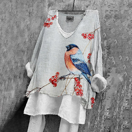 Vintage Cute Birds And Floral Embroidery Art Linen Blend Blouse artswardrobe