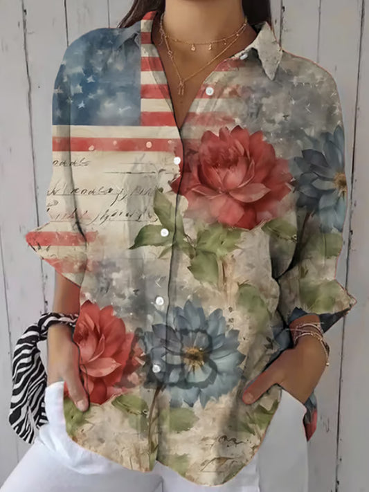 Comstylish Women's Casual Cotton And Linen Floral Independence Day Shirt