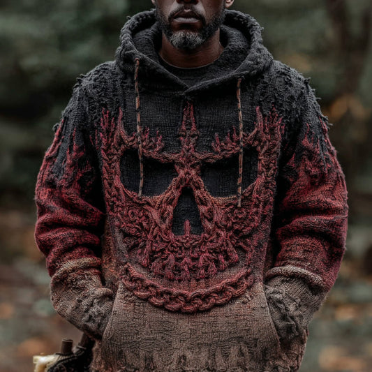 Halloween Skull Gradient Vintage Knitted Hooded Sweater artswardrobe