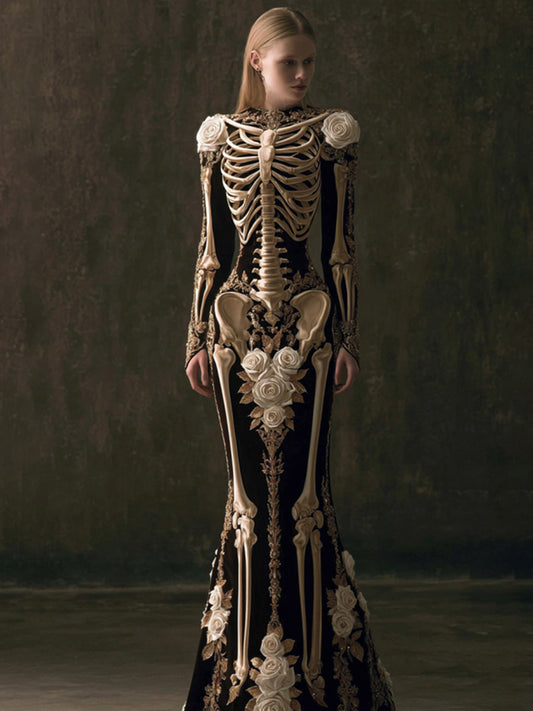 Comstylish Women's Halloween Retro Anatomy Art And Flower Black Velvet Long Dress