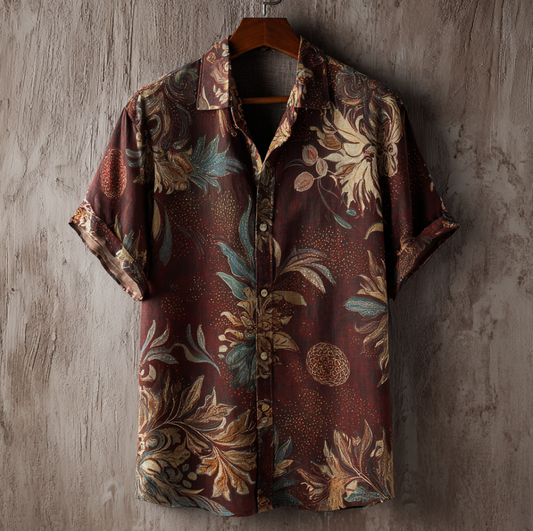 Bohemian Style Plant And Flower Pattern Men's Retro Cotton And Linen Shirt artswardrobe
