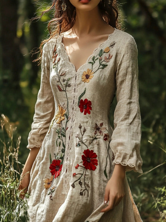 Vintage Forest Floral Embroidery Art Women's Linen Flowy Maxi Dress artswardrobe